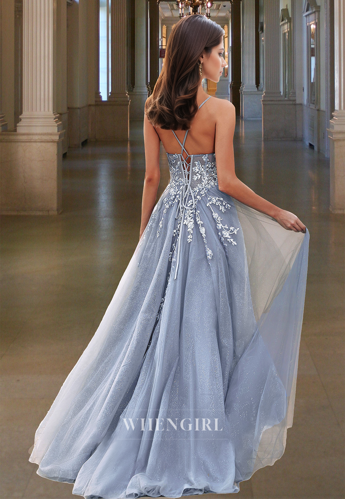Sweetheart Spaghetti Straps Appliques Lace A-Line Prom Dress with Slit Party Gown
