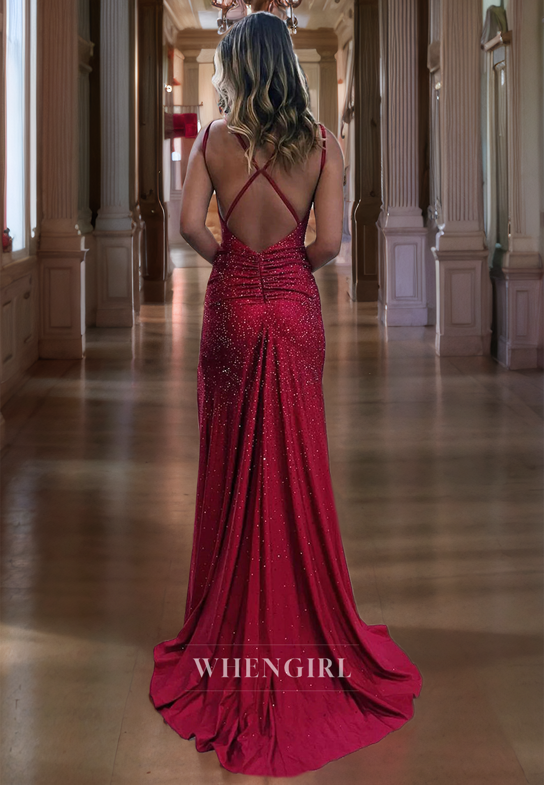 Sheath Strapless Straps Sleeveless Pleated Glitter Long Prom Dress with High Side Slit and Train