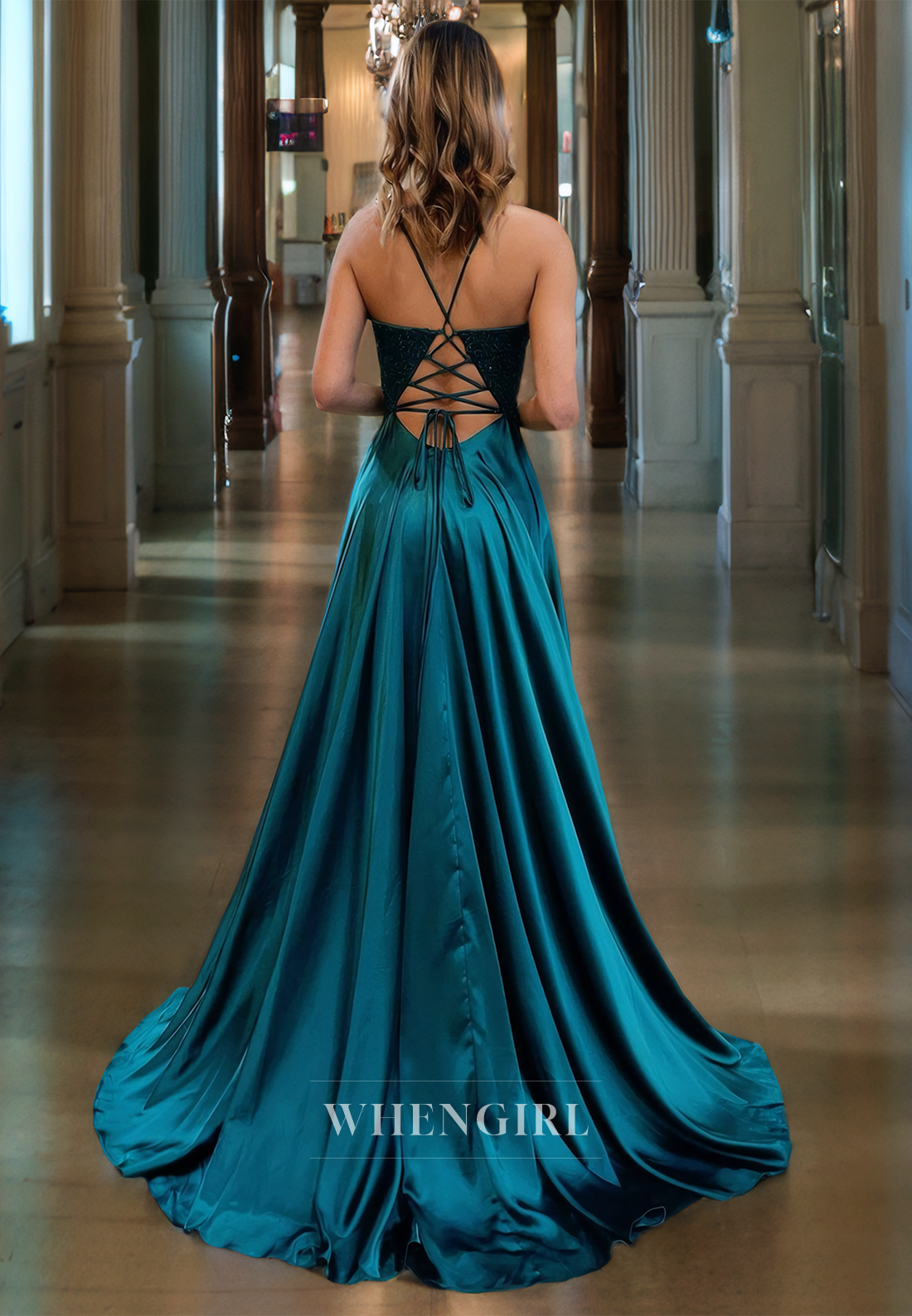 A-Line V Neck Straps Sleeveless Appliques Long Prom Dress with High Side Slit and Train