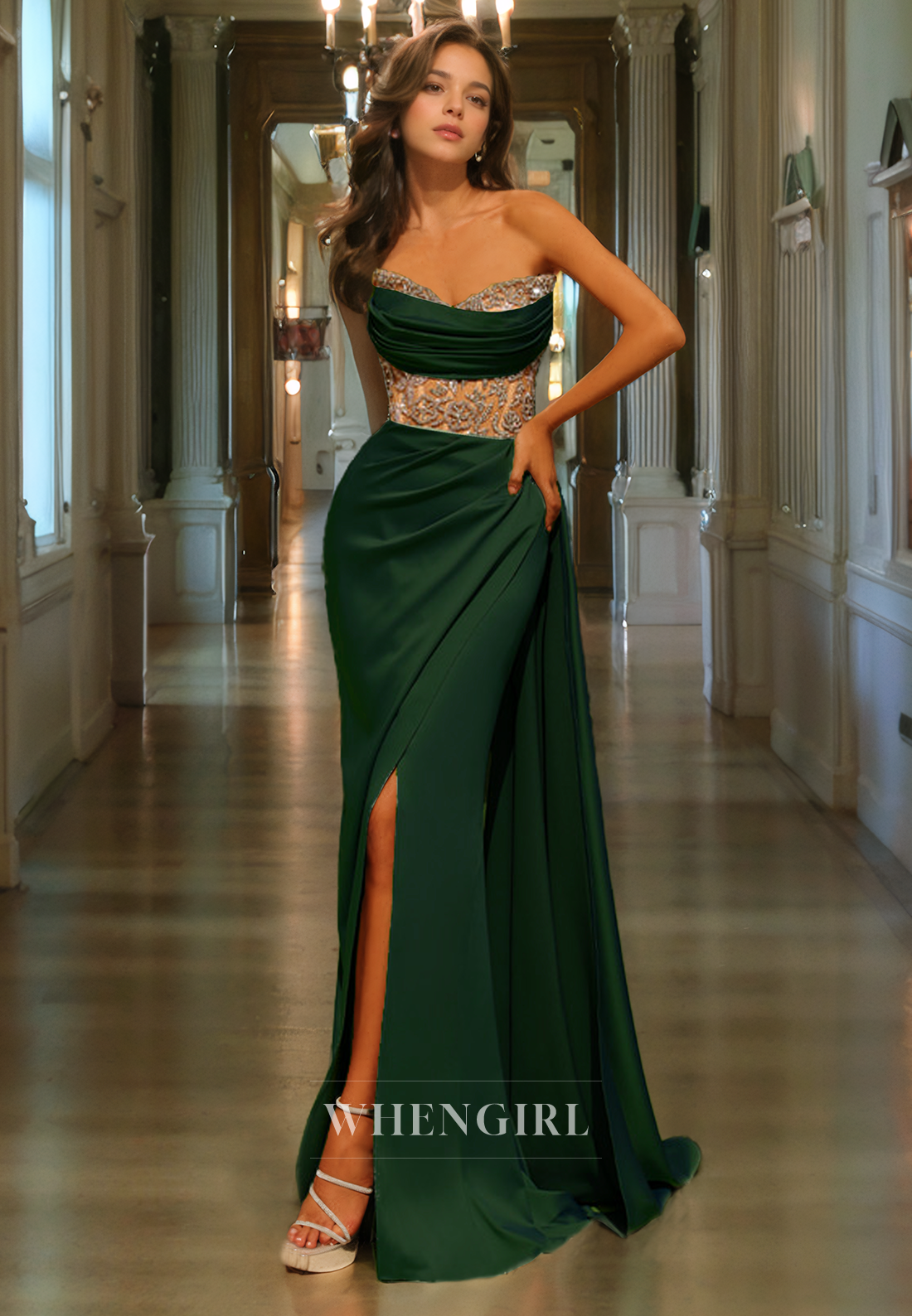 Sheath Strapless Sleeveless Beaded Pleated Long Prom Dress with Hgh Side Slit