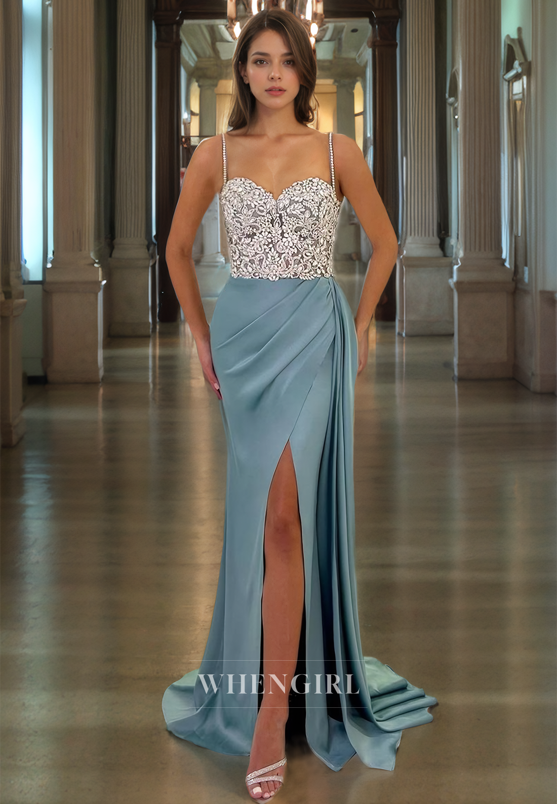 Sheath Strapless Straps Sleeveless Appliques Pleated Long Prom Dress with High Side Slit and Train
