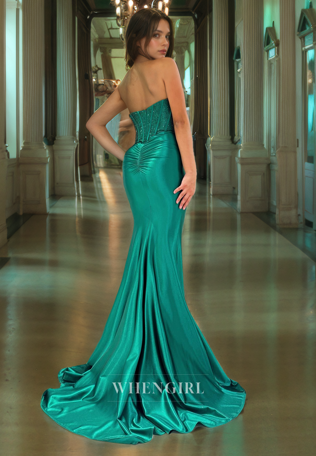 Sheath Strapless Sleeveless Beaded Long Prom Dress with High SIde Slit and Train
