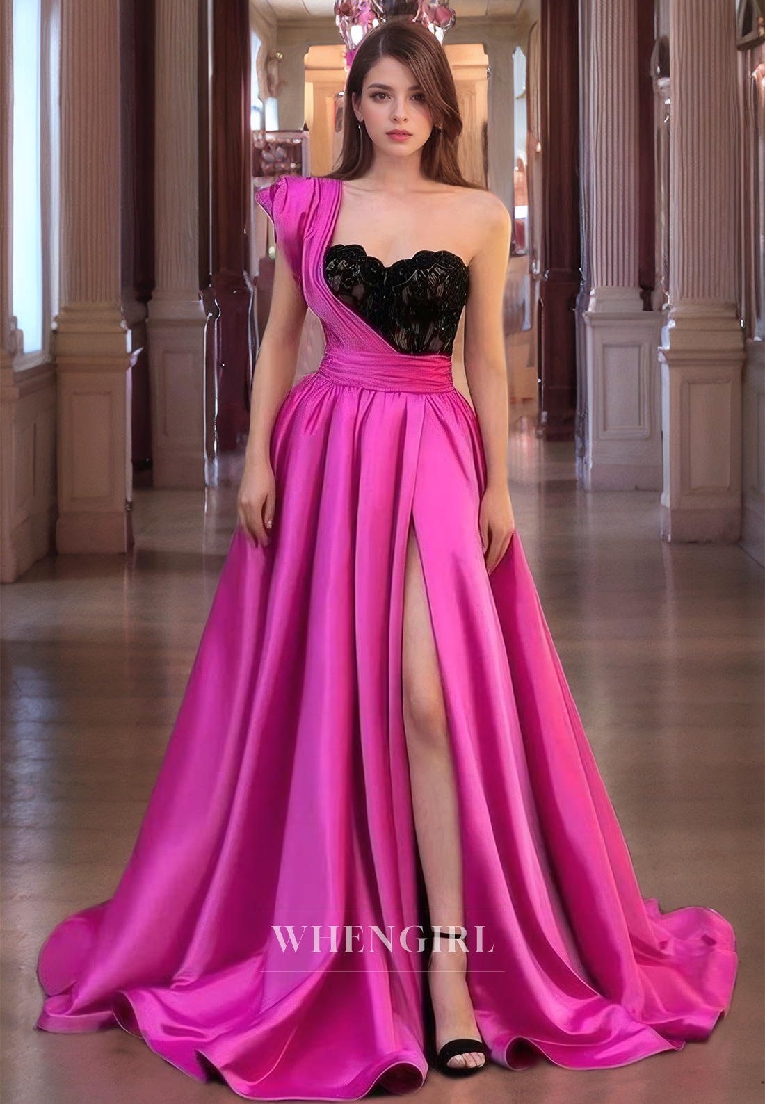 A-Line One Shoulder Sleeveless Pleated Lace Long Prom Dress with High Side Slit and Train