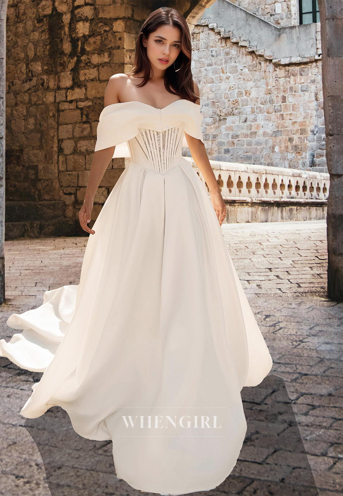Elegant A-Line Off-Shoulder Sleeveless Stripe Appliques Satin Wedding Dress Bridal Gown with Train