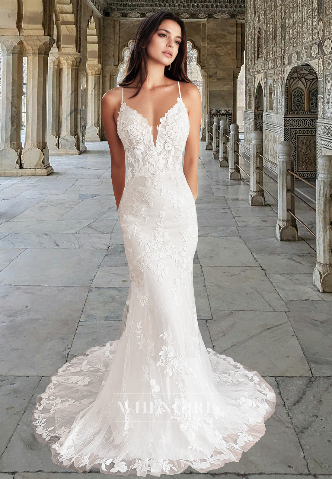 Spaghetti Straps V-Neck Mermaid Lace Beach Wedding Dress Boho Gown with Appliques