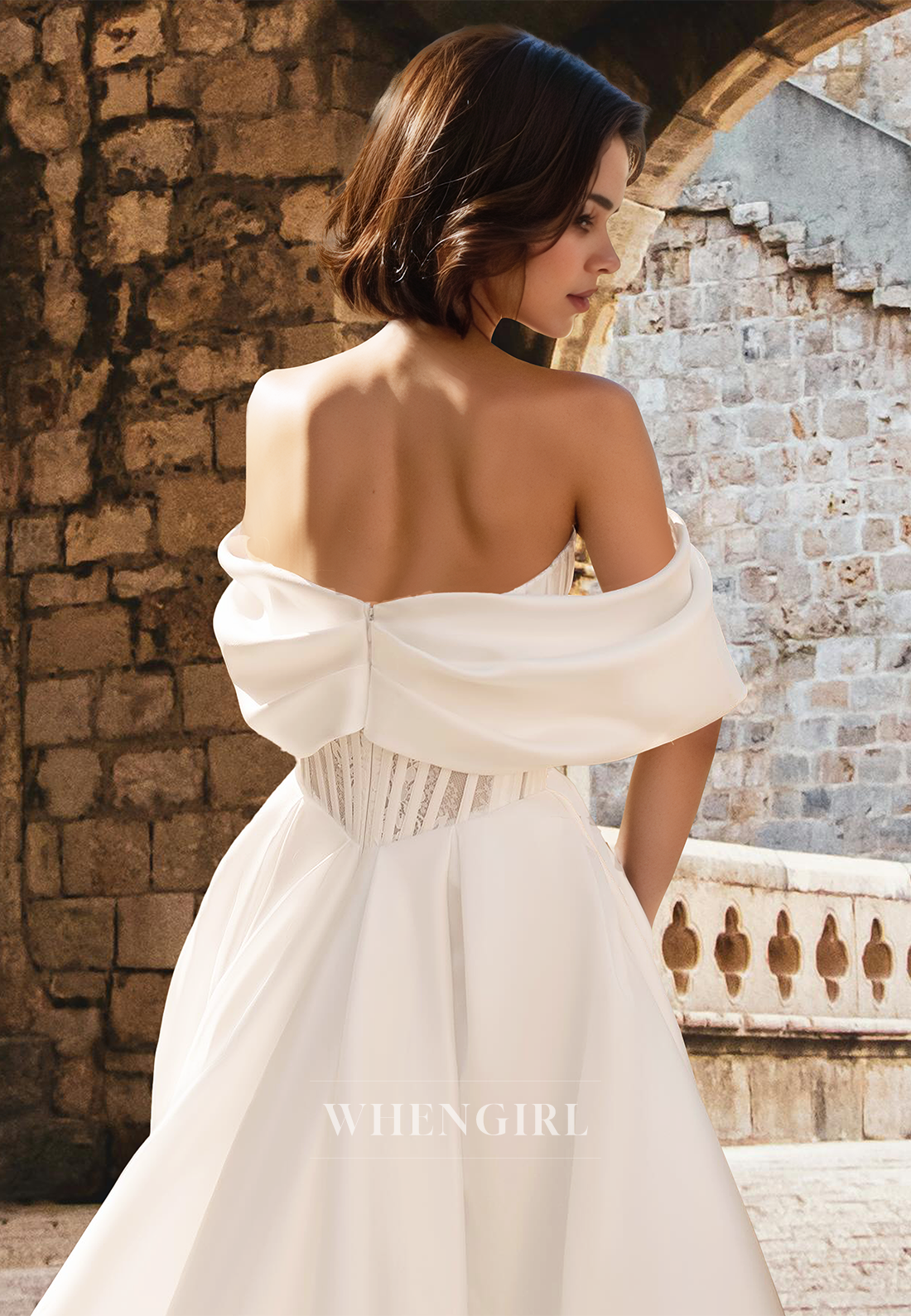 Elegant A-Line Off-Shoulder Sleeveless Stripe Appliques Satin Wedding Dress Bridal Gown with Train