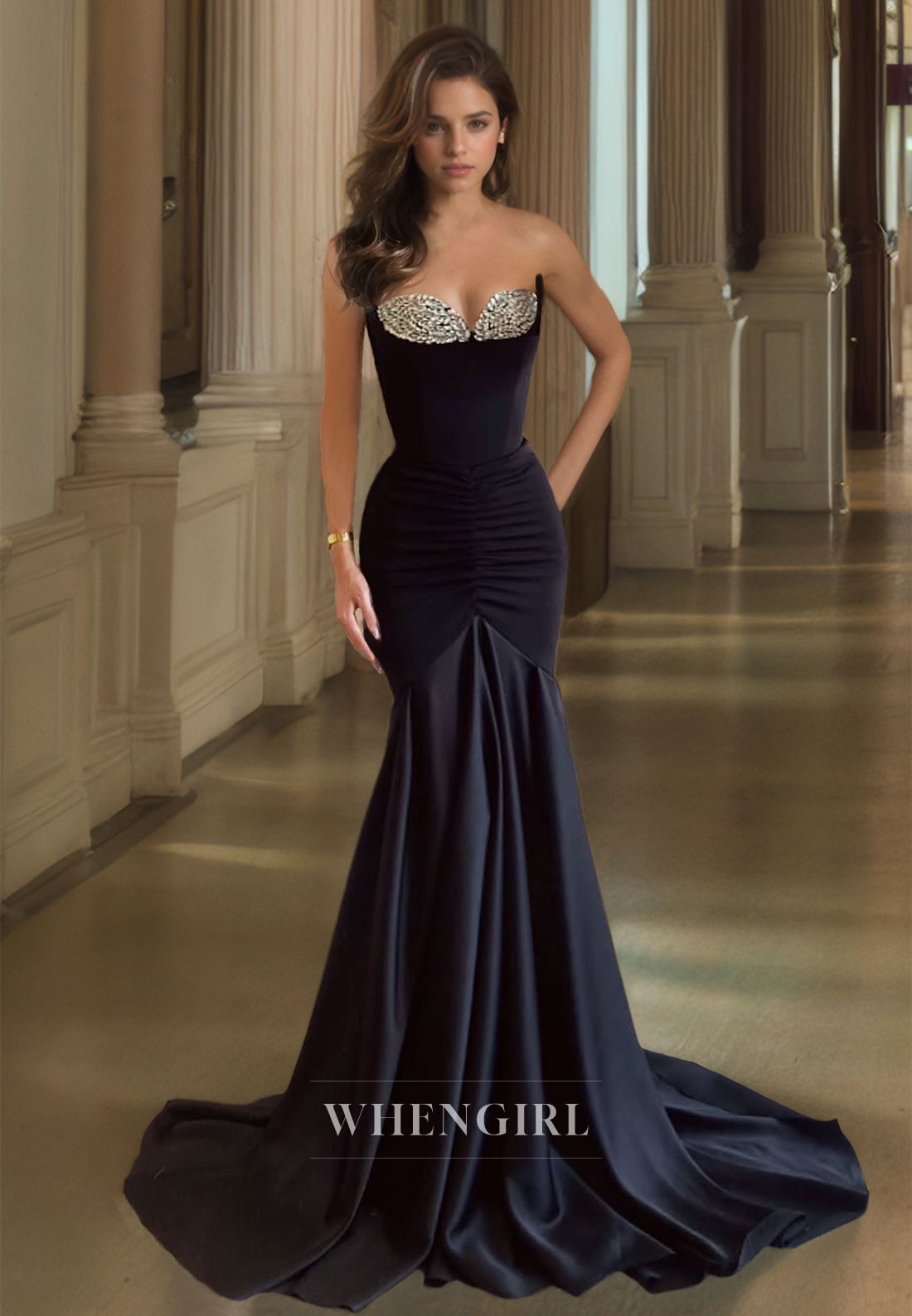 Sweetheart Mermaid Sleeveless Sweep Train Pleated Satin Prom Dress Evening Dress with Beads