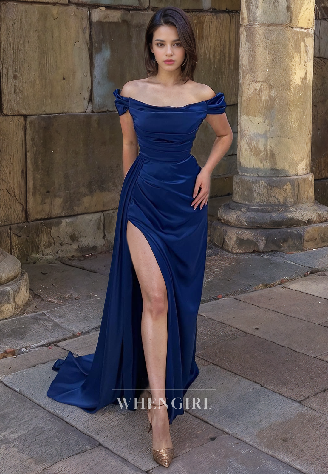 Sheath Off Shoulder Sleeveless Pleated Long Prom Dress with High Side Slit and Train