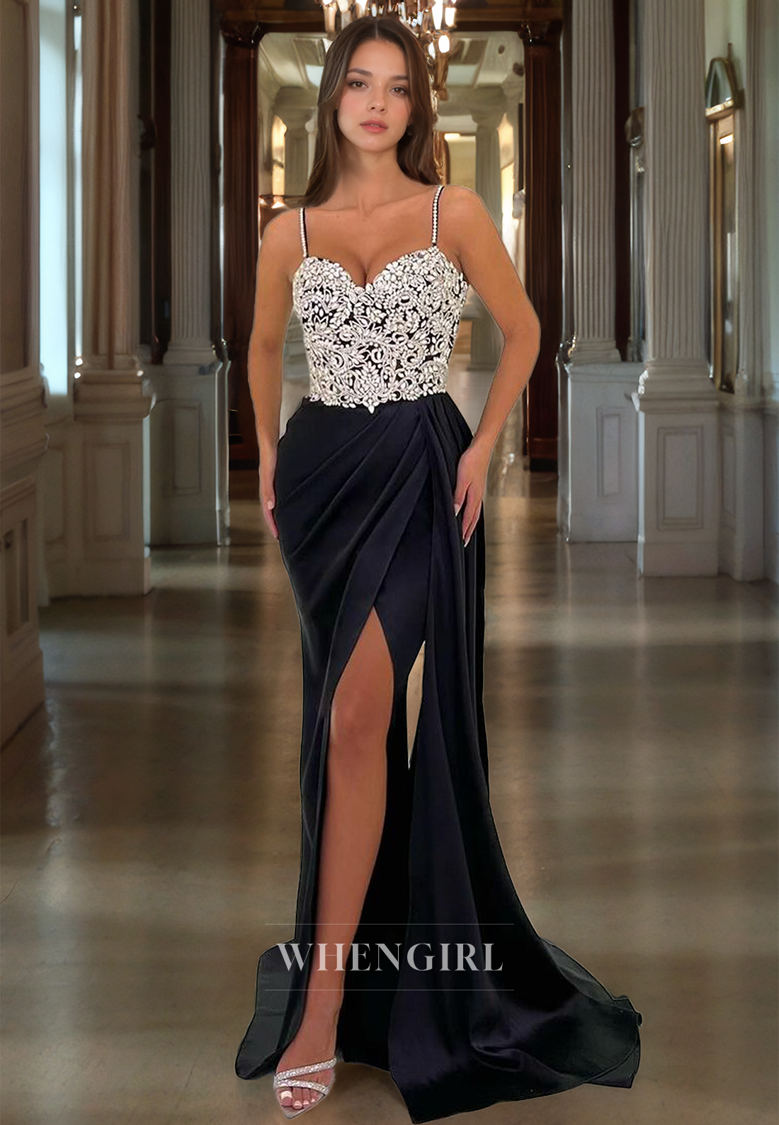 Sheath Strapless Straps Sleeveless Appliques Pleated Long Prom Dress with High Side Slit and Train