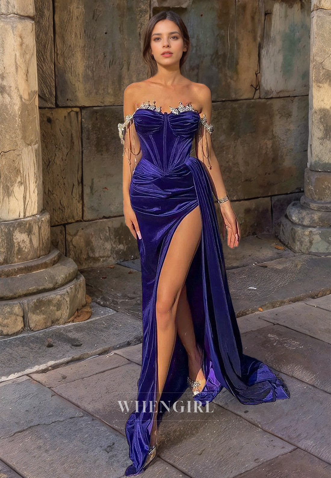 Sheath Off Shoulder Sleeveless Pleated Beaded Long Prom Dress with High Side Slit and Train