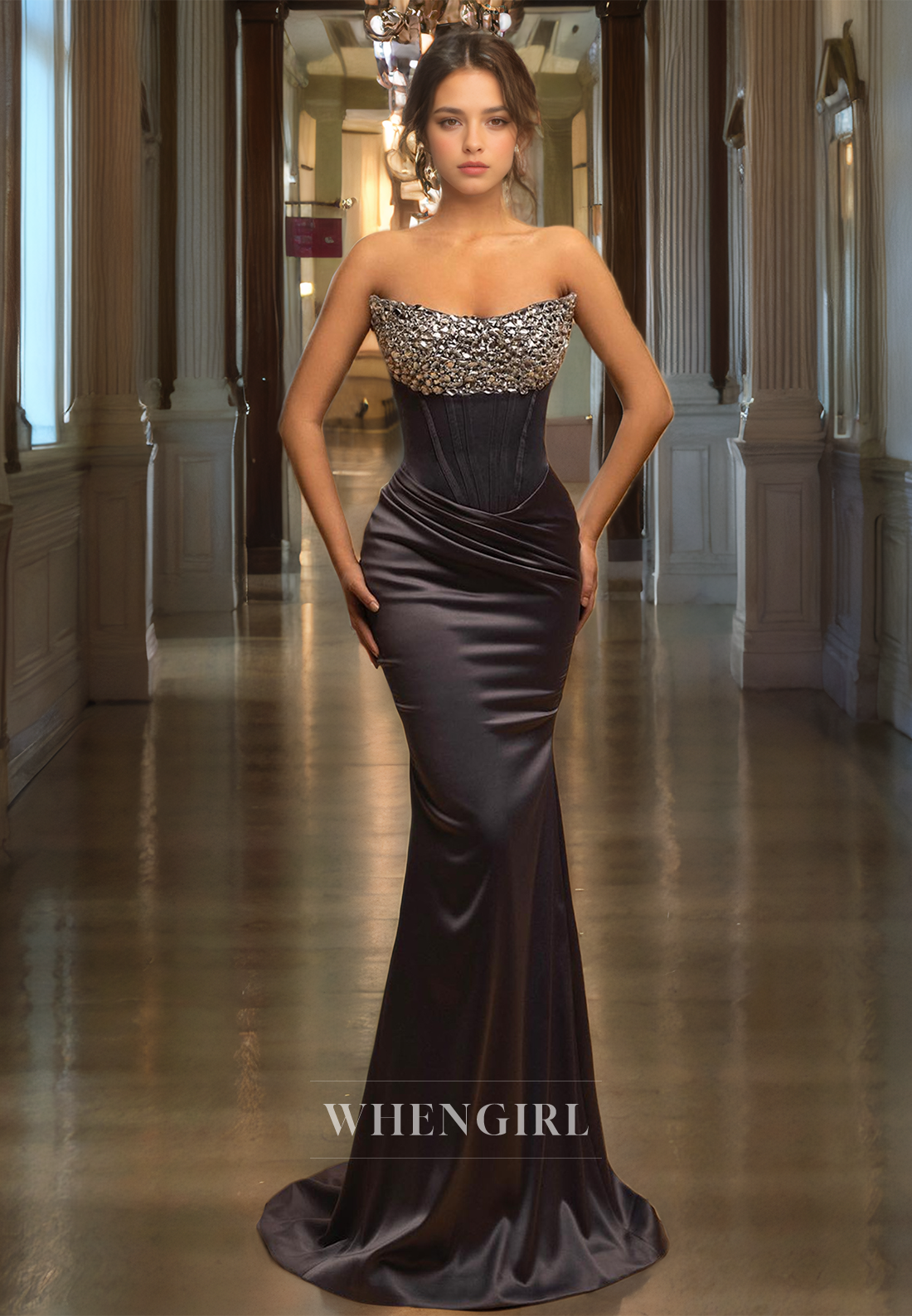 Mermaid Strapless Sleeveless Beaded Pleated Long Prom Dress with Train