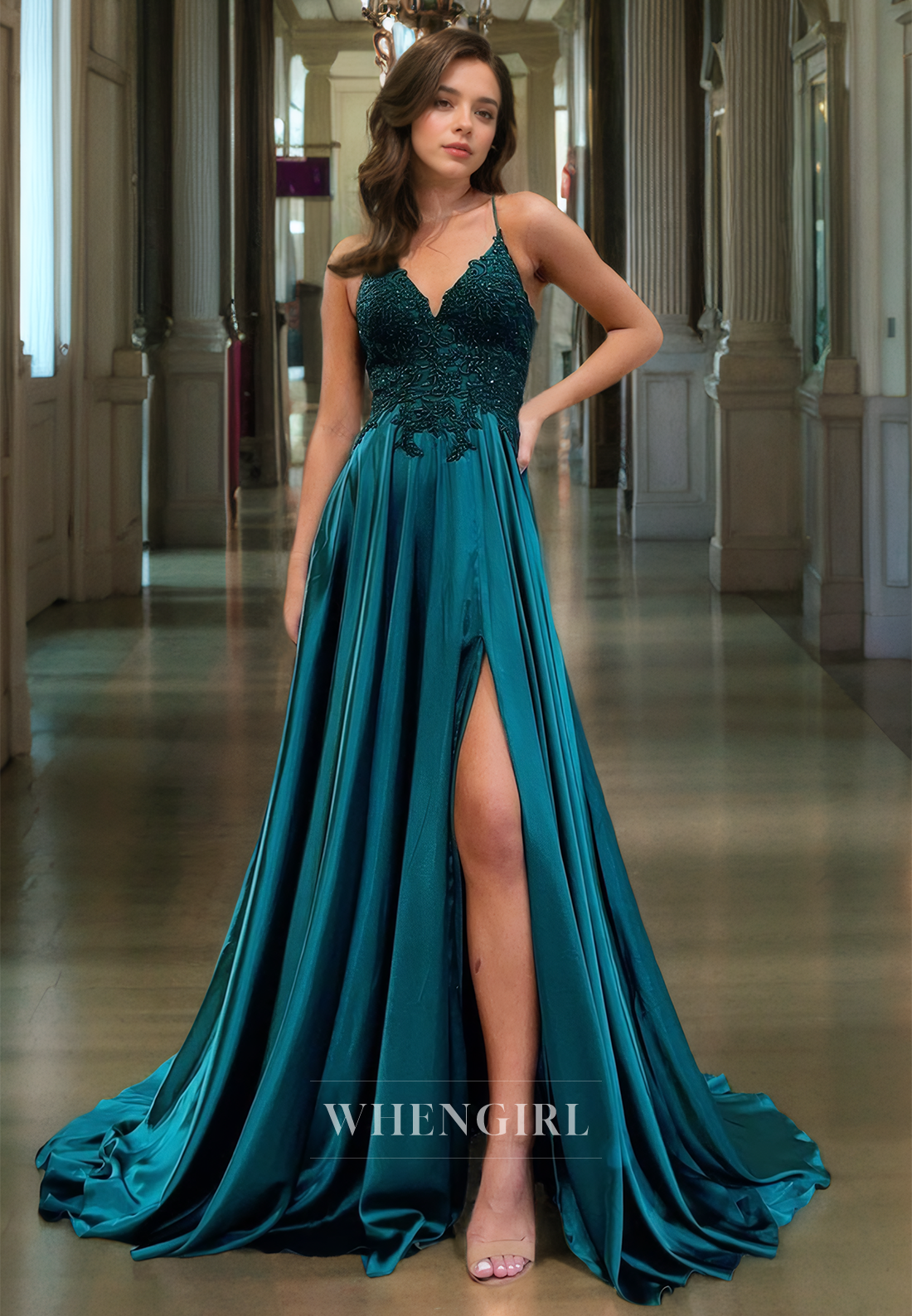 A-Line V Neck Straps Sleeveless Appliques Long Prom Dress with High Side Slit and Train