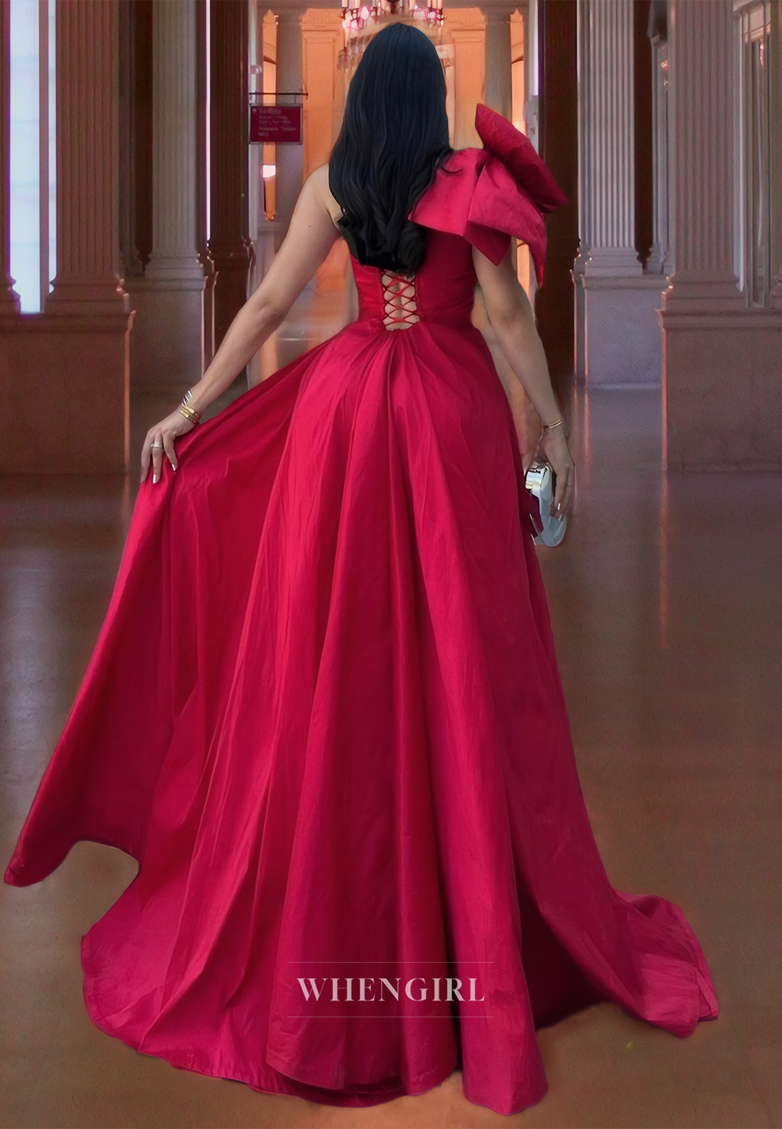 One Shoulder Sheath Sleeveless High Split Bowknot Pleated Satin Formal Gowns with Overskirt Prom Dress