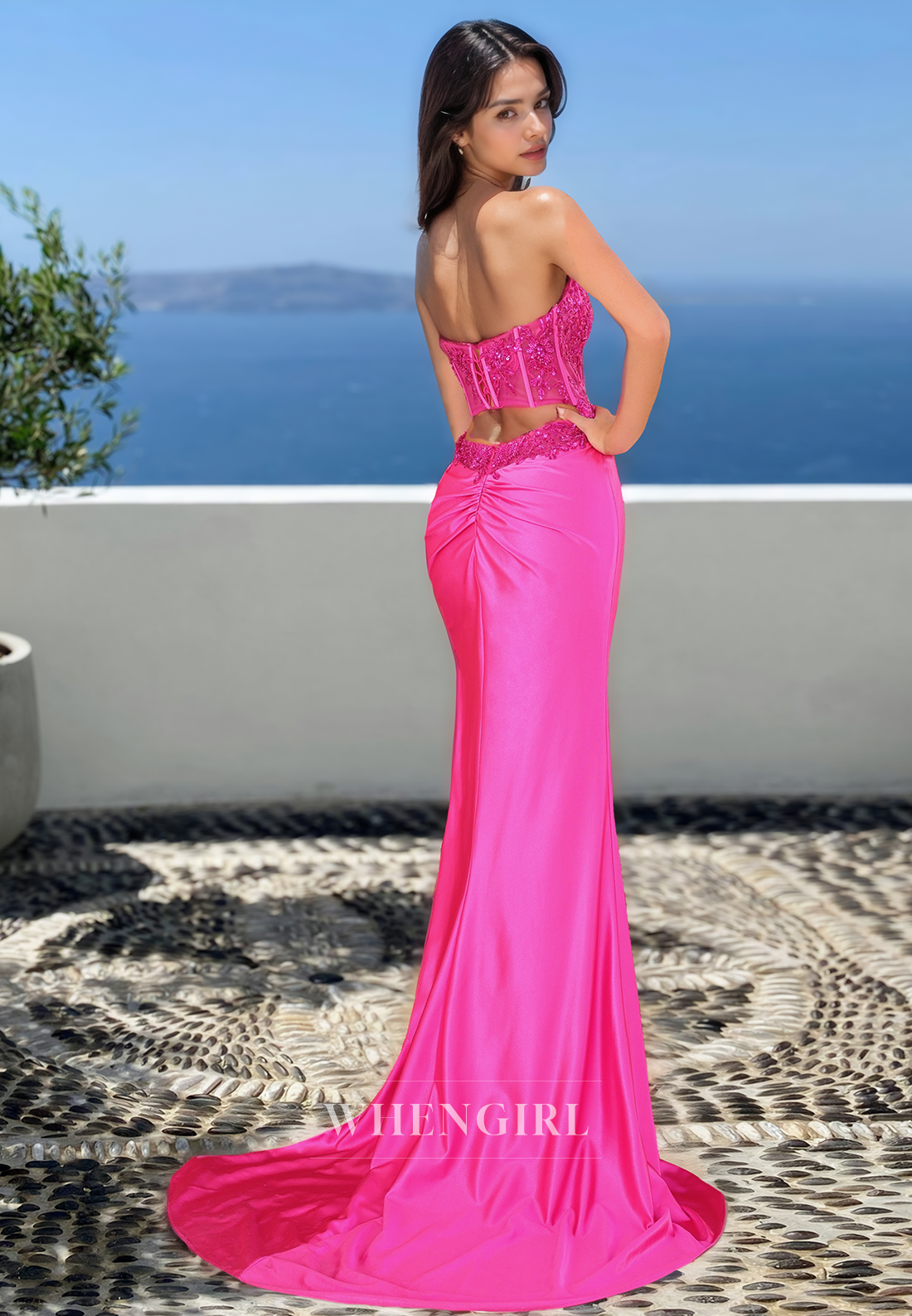 Tube Top Sheath Formal Dress Sleeveless High Slit Train Stripe Pleats Satin Prom Dress with Applique