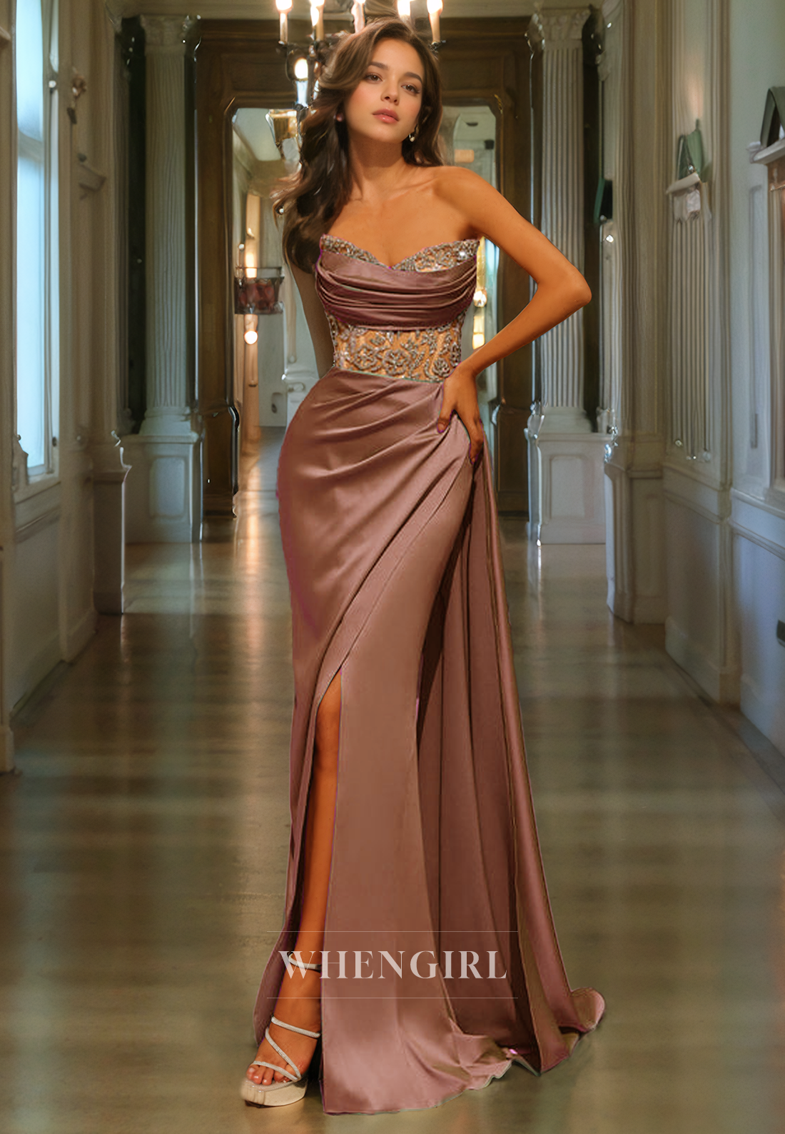 Sheath Strapless Sleeveless Beaded Pleated Long Prom Dress with Hgh Side Slit