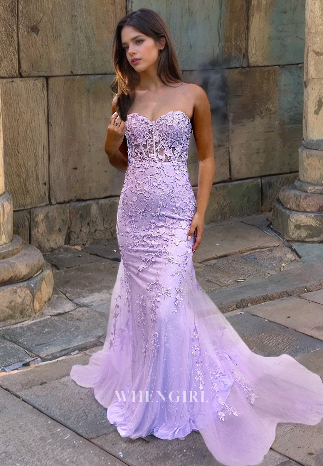 Mermaid Strapless Sleeveless Appliques Long Prom Dress with Train