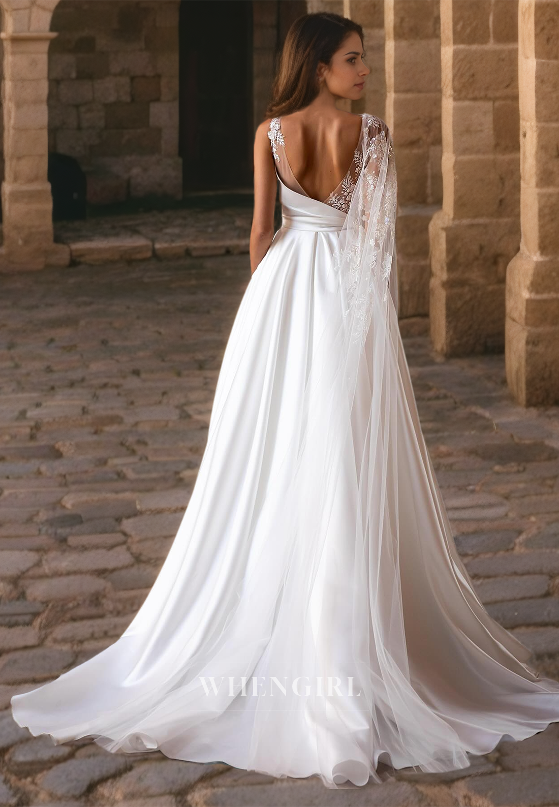 A-Line One Shoulder Sleeveless Appliques Satin Wedding Dress with Train