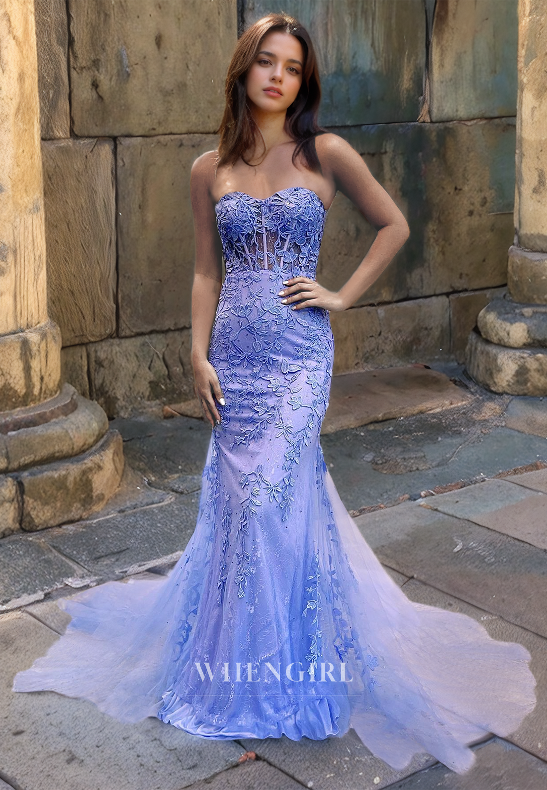 Mermaid Strapless Sleeveless Appliques Long Prom Dress with Train