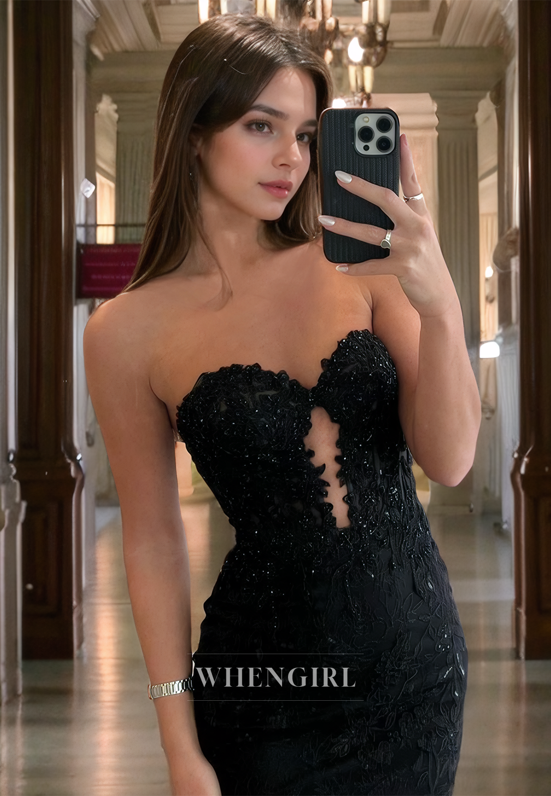 Sheath Strapless Sleeveless Fully Appliques Long Prom Dress with Train