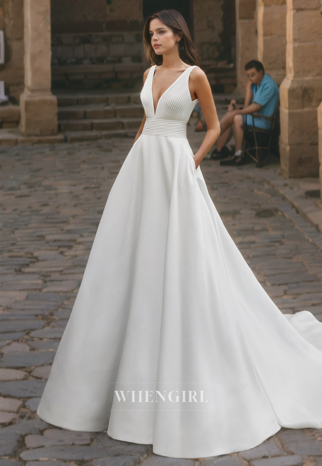 A-Line V Neck Straps Sleeveless Pleated Long Wedding Dress with Train WhenGirl A-Line V Neck Straps Sleeveless Pleated Long Wedding Dress with Train WhenGirl