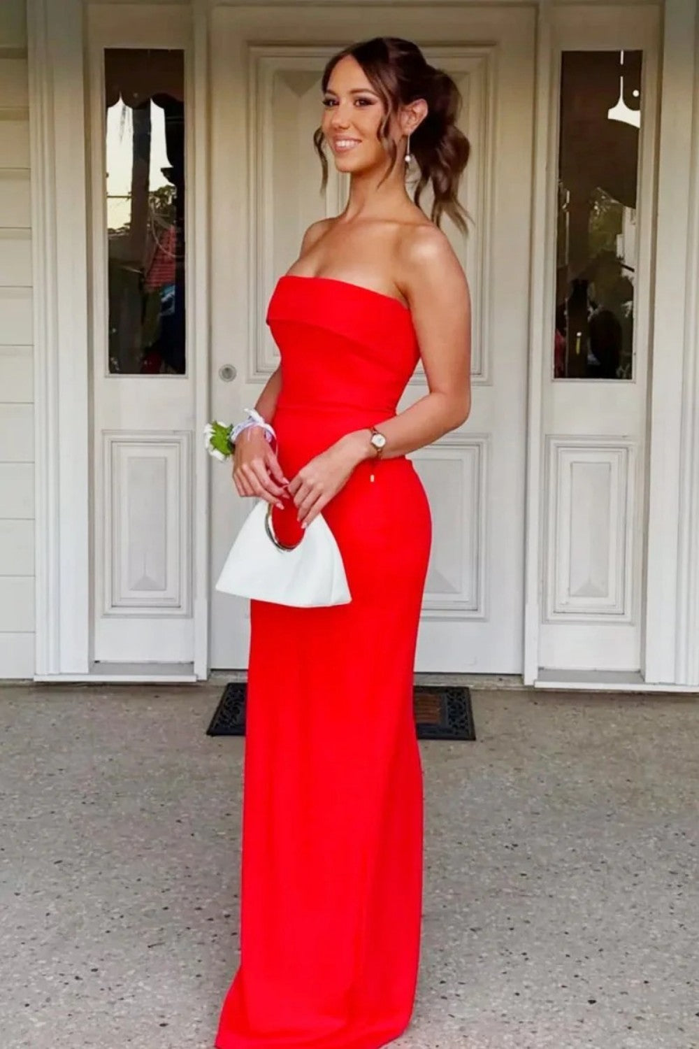 Simple Sheath Strapless Red Long Prom Dress with Ruched