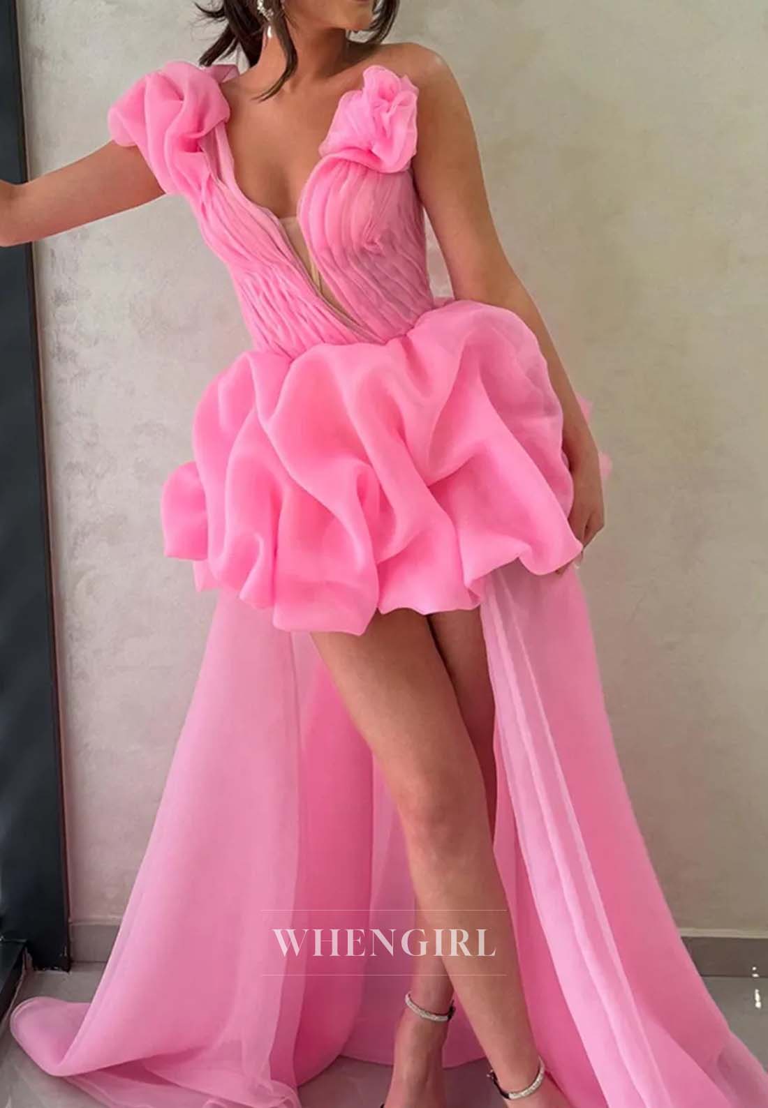 Hot Pink One Shoulder Asymmtrical Neck Sleeveless Ruched Sheath Homecoming Dress with Sweep Train
