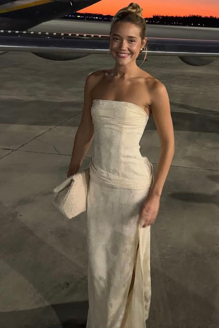 Hot Sheath Strapless Ivory Long Party Dress with Ruched