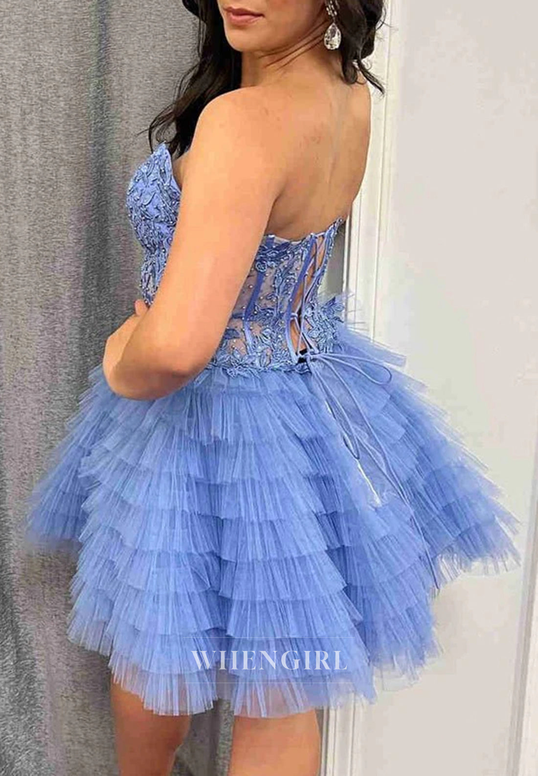 Sweetheart Strapless Appliqued Lace Tiered Tulle Lace Up A-Line Homecoming Dress