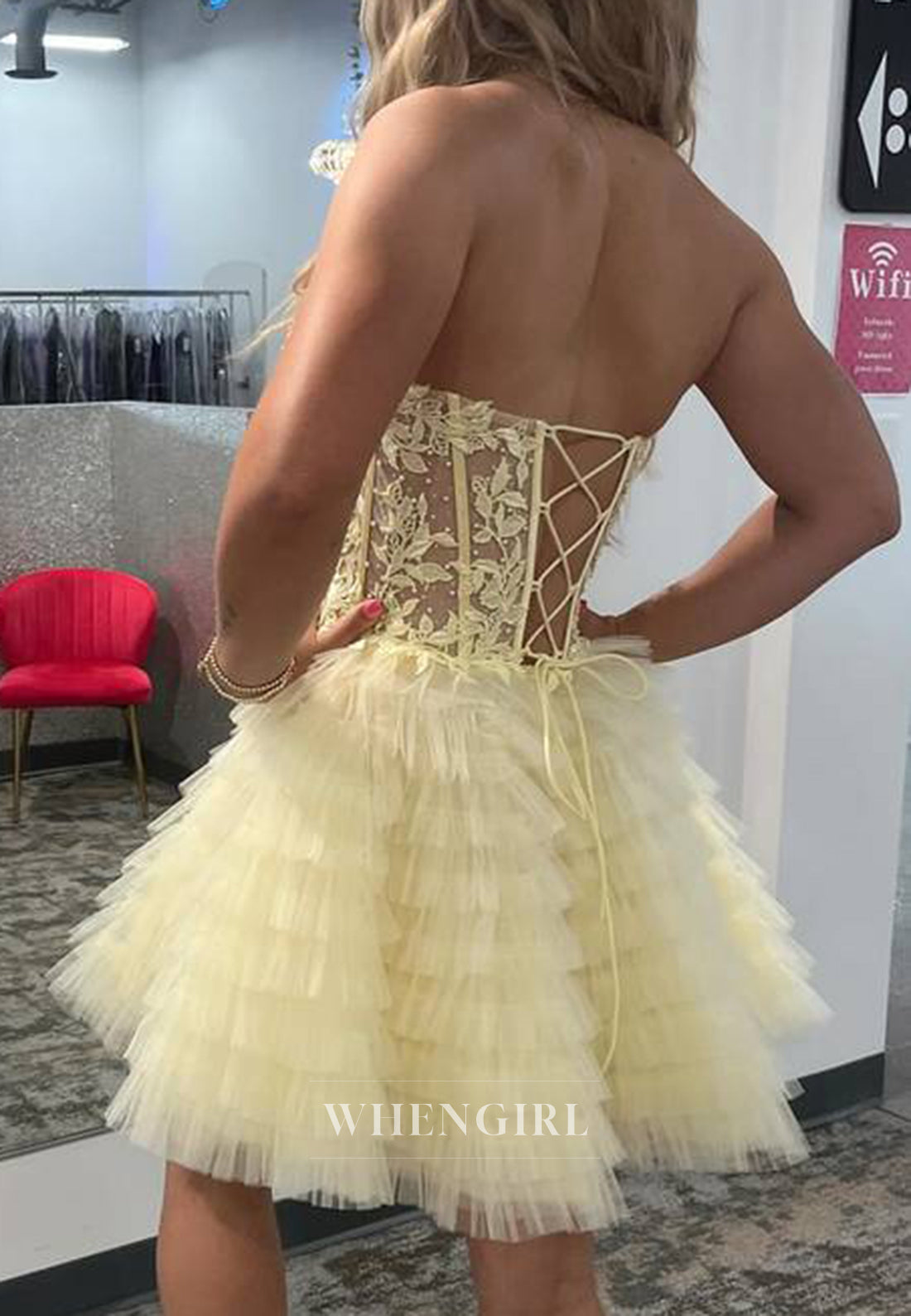 Sweetheart Strapless Appliqued Lace Tiered Tulle Lace Up A-Line Homecoming Dress