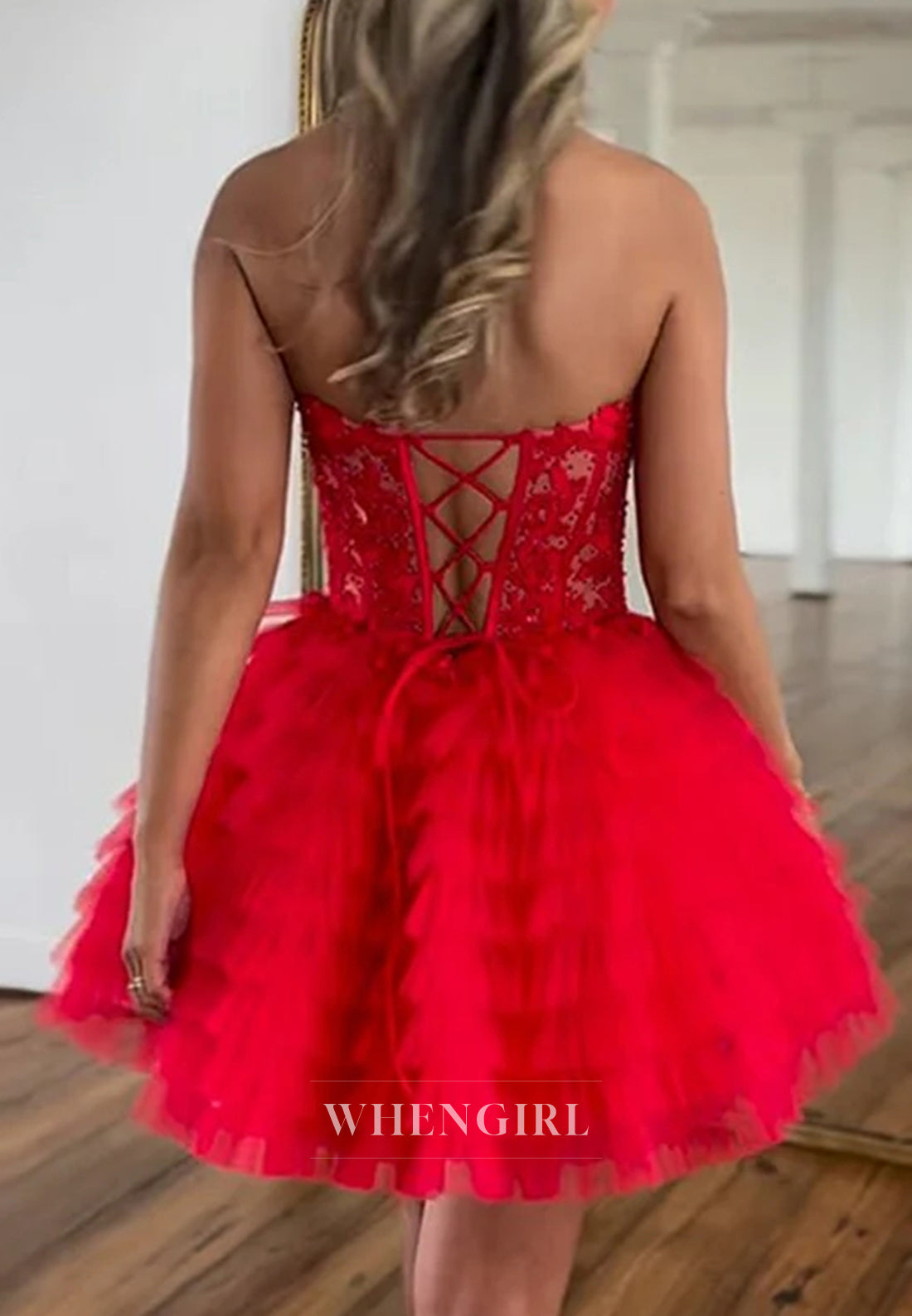 Sweetheart Strapless Appliqued Lace Tiered Tulle Lace Up A-Line Homecoming Dress