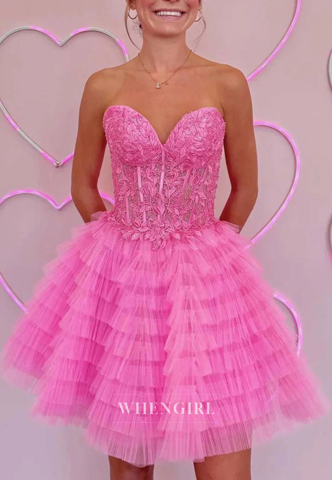 Sweetheart Strapless Appliqued Lace Tiered Tulle Lace Up A-Line Homecoming Dress