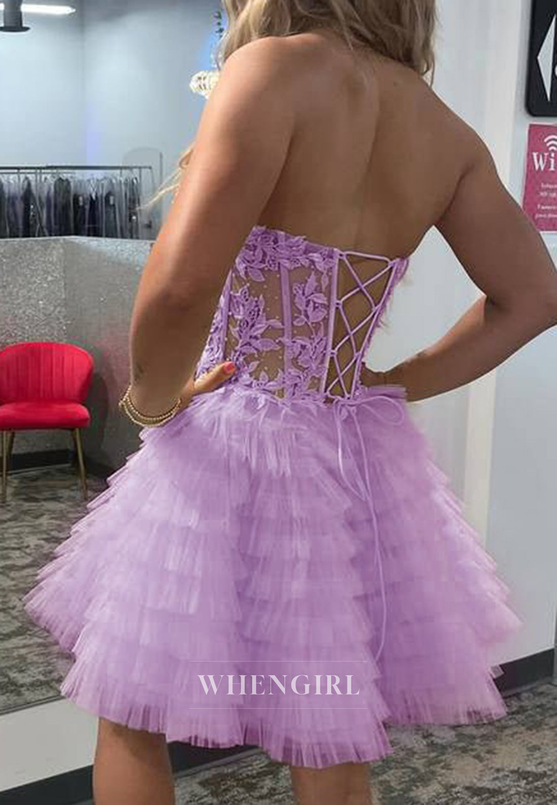 Sweetheart Strapless Appliqued Lace Tiered Tulle Lace Up A-Line Homecoming Dress