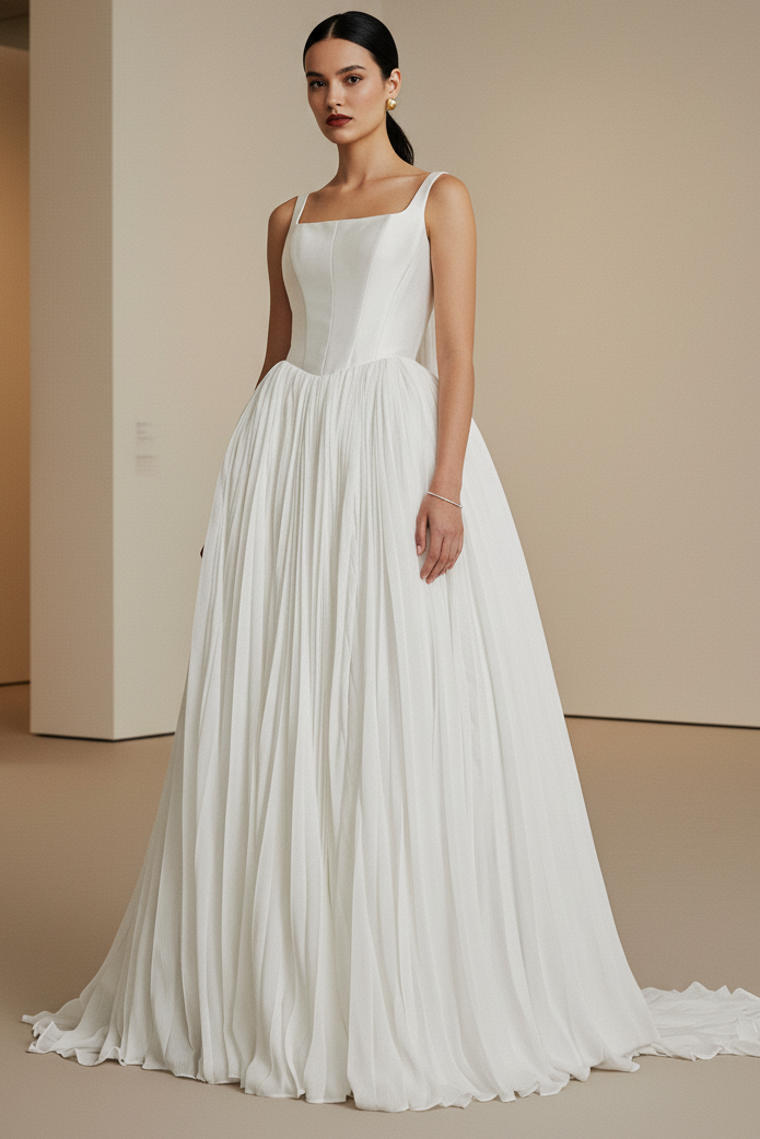 Square Neck Sleeveless A-Line Court Train Wedding Dress