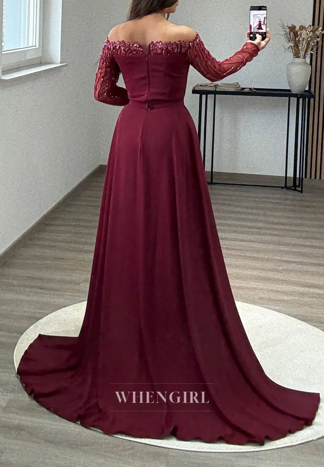 Off Shoulder Beaded long Sleeves Column Evening Formal Dress with Sweep Train