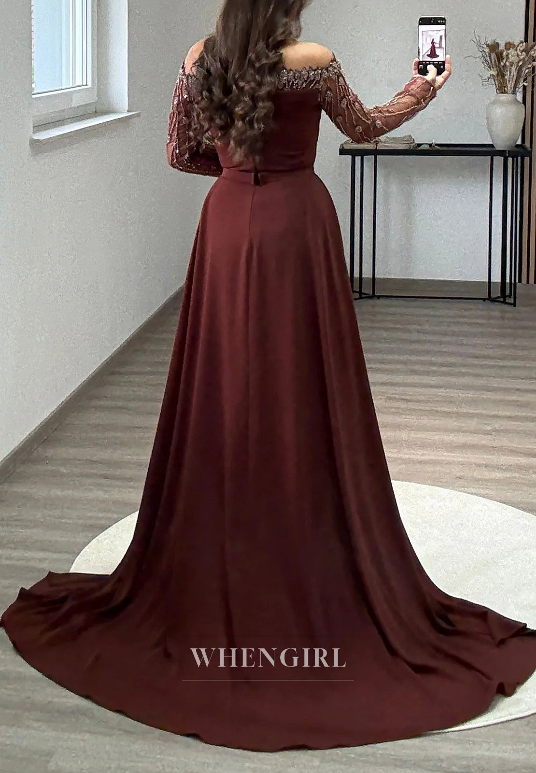 Off Shoulder Beaded long Sleeves Column Evening Formal Dress with Sweep Train