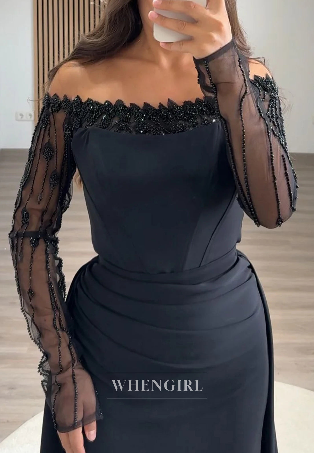 Off Shoulder Beaded long Sleeves Column Evening Formal Dress with Sweep Train