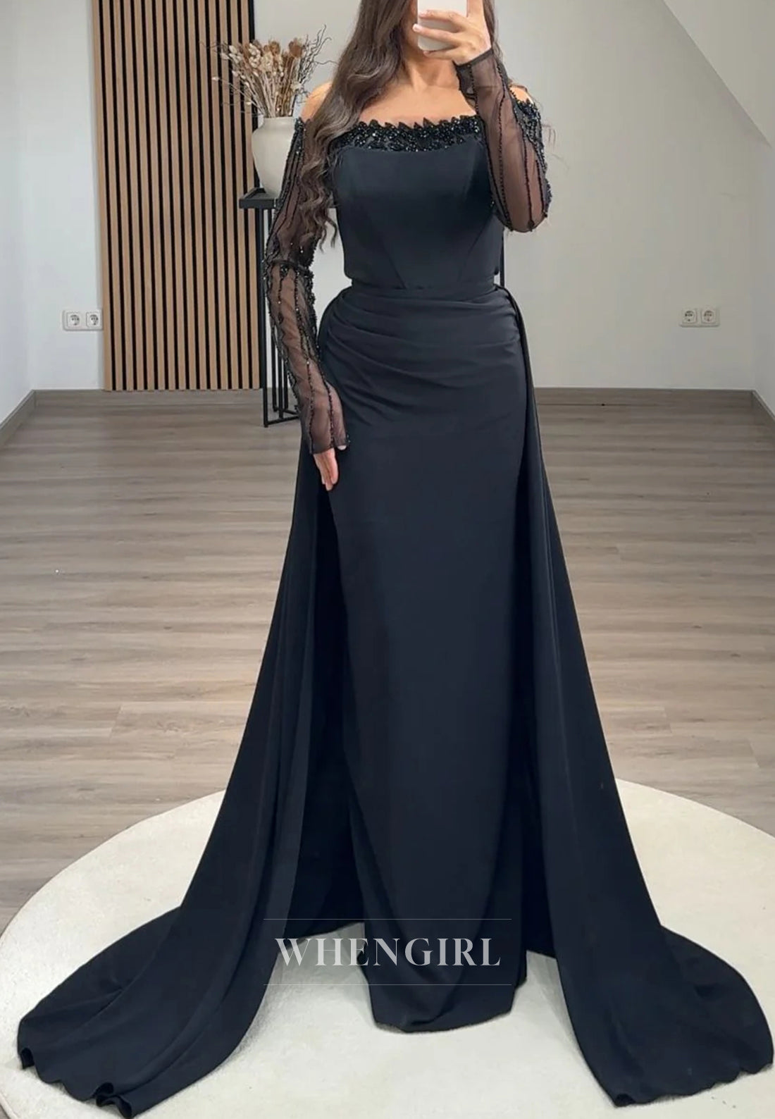 Off Shoulder Beaded long Sleeves Column Evening Formal Dress with Sweep Train