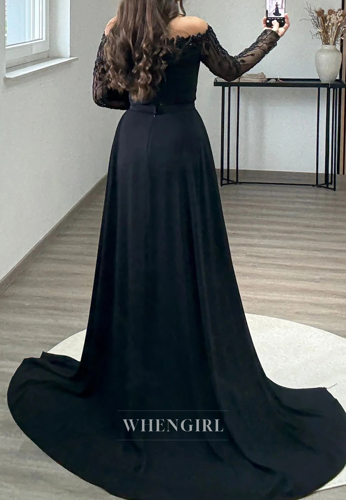 Off Shoulder Beaded long Sleeves Column Evening Formal Dress with Sweep Train