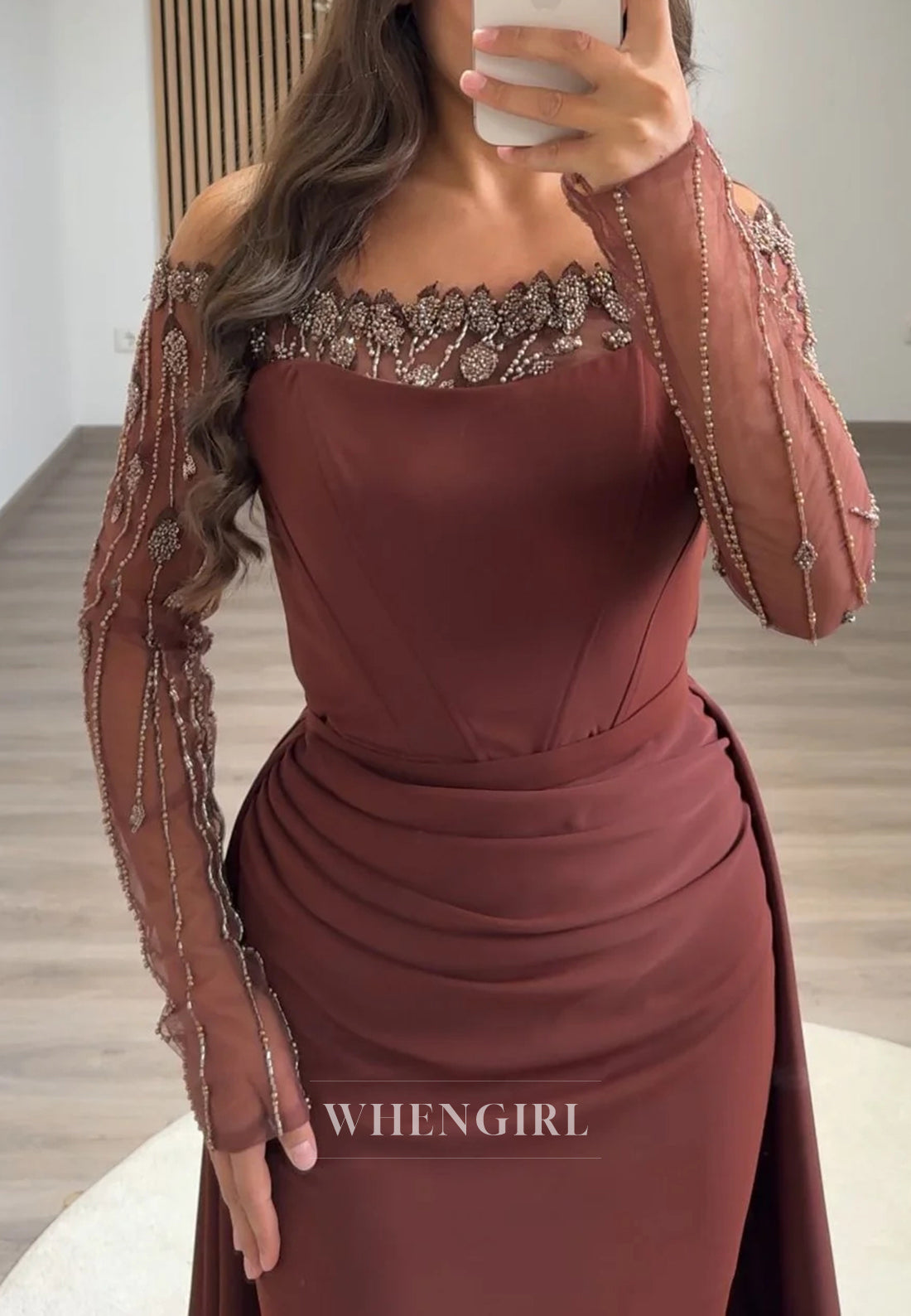 Off Shoulder Beaded long Sleeves Column Evening Formal Dress with Sweep Train