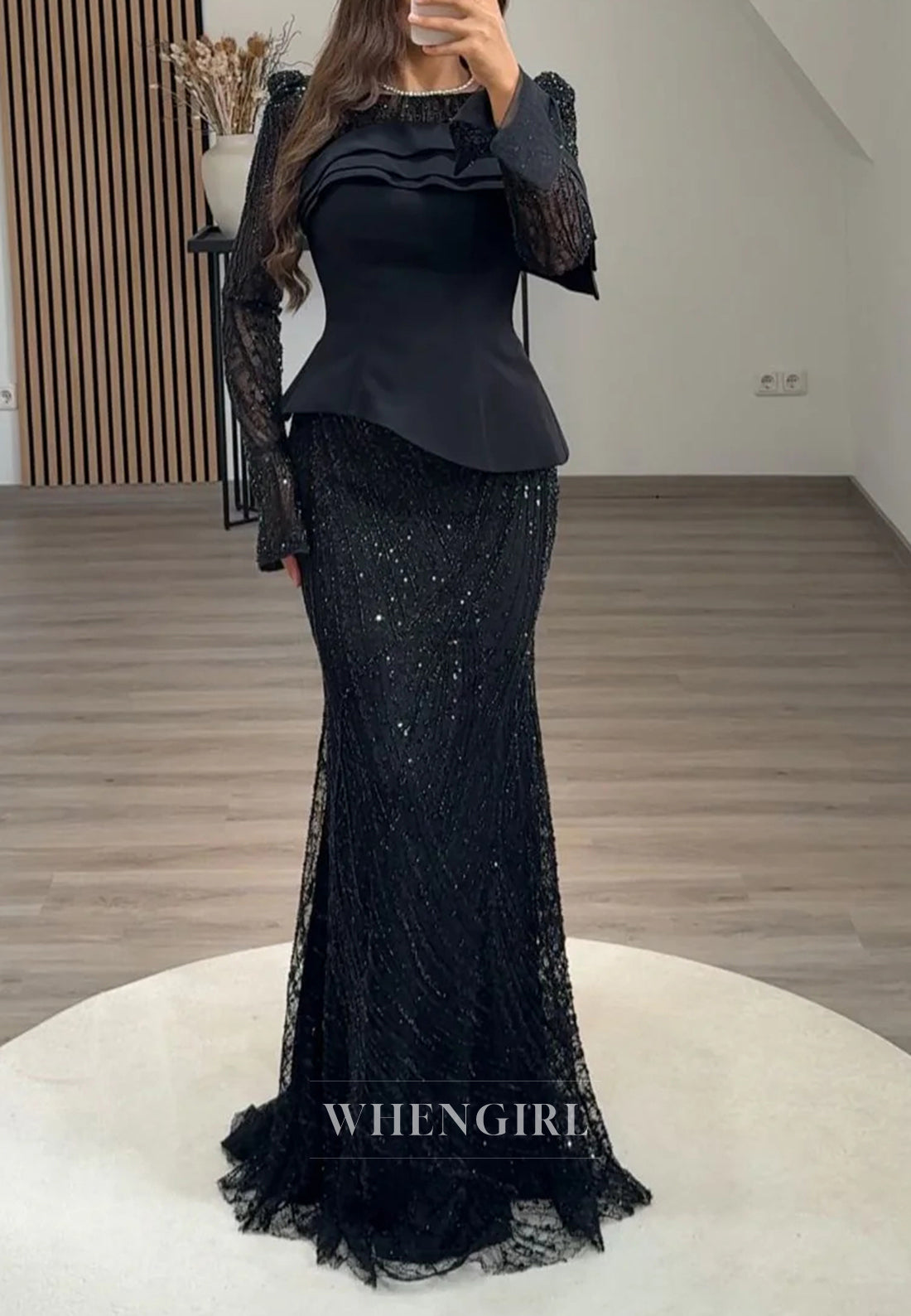 Sheath Bateau Neck Long Sleeves Beaded Back Zipper Formal Evening Dress