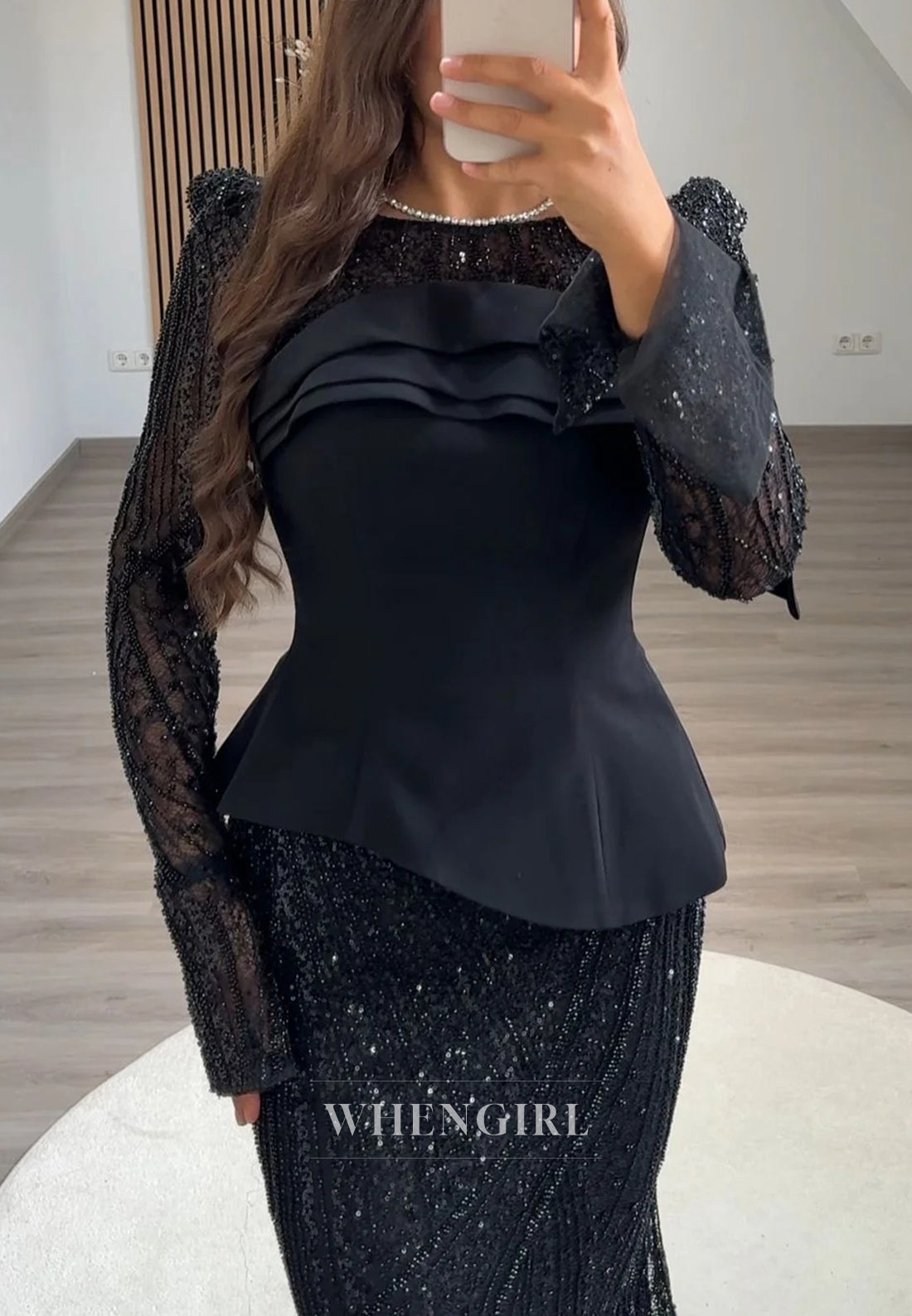 Sheath Bateau Neck Long Sleeves Beaded Back Zipper Formal Evening Dress