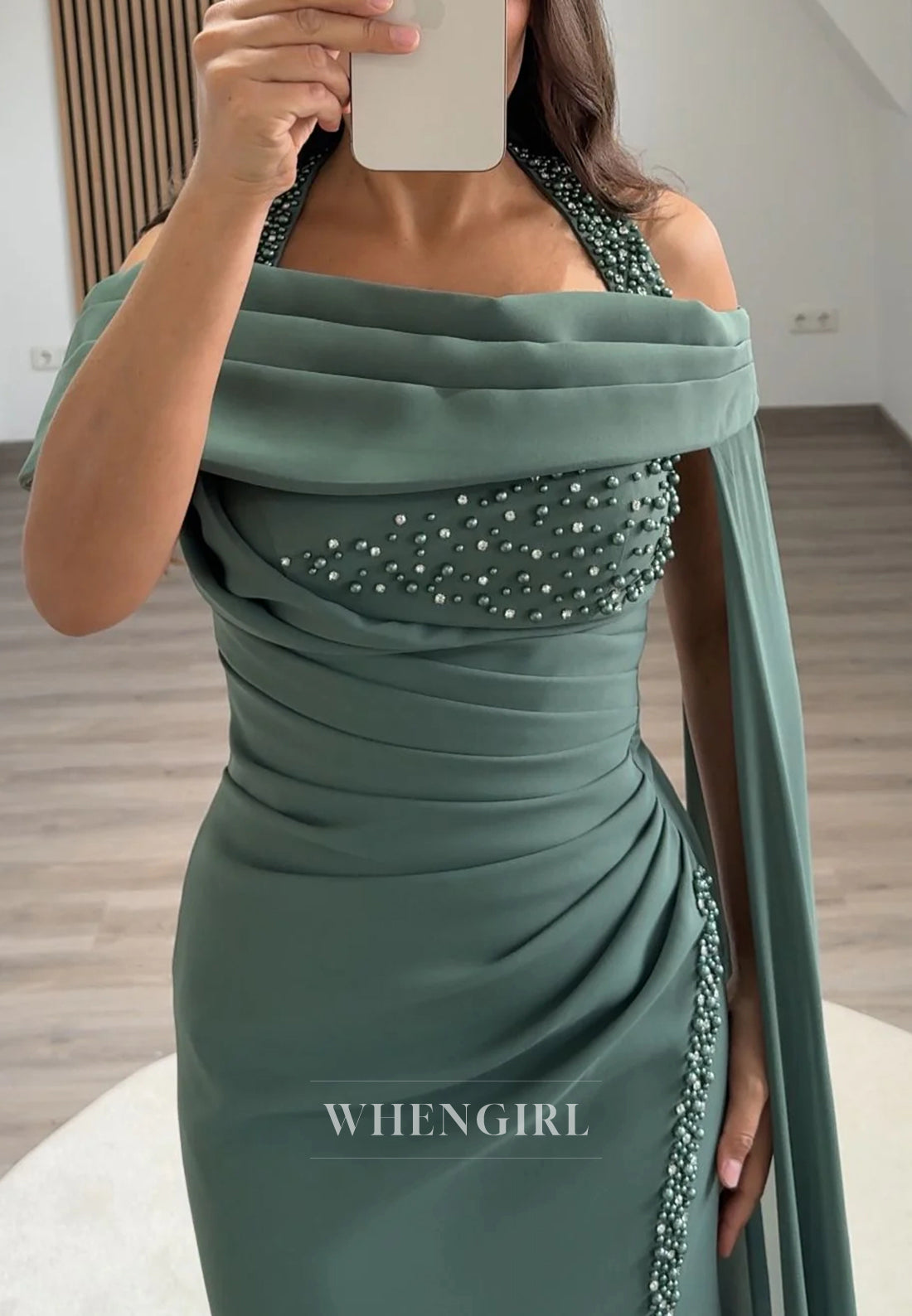 Halter Pleated Side Slit Sleeveless Beaded Back Zipper Evening Formal Dress