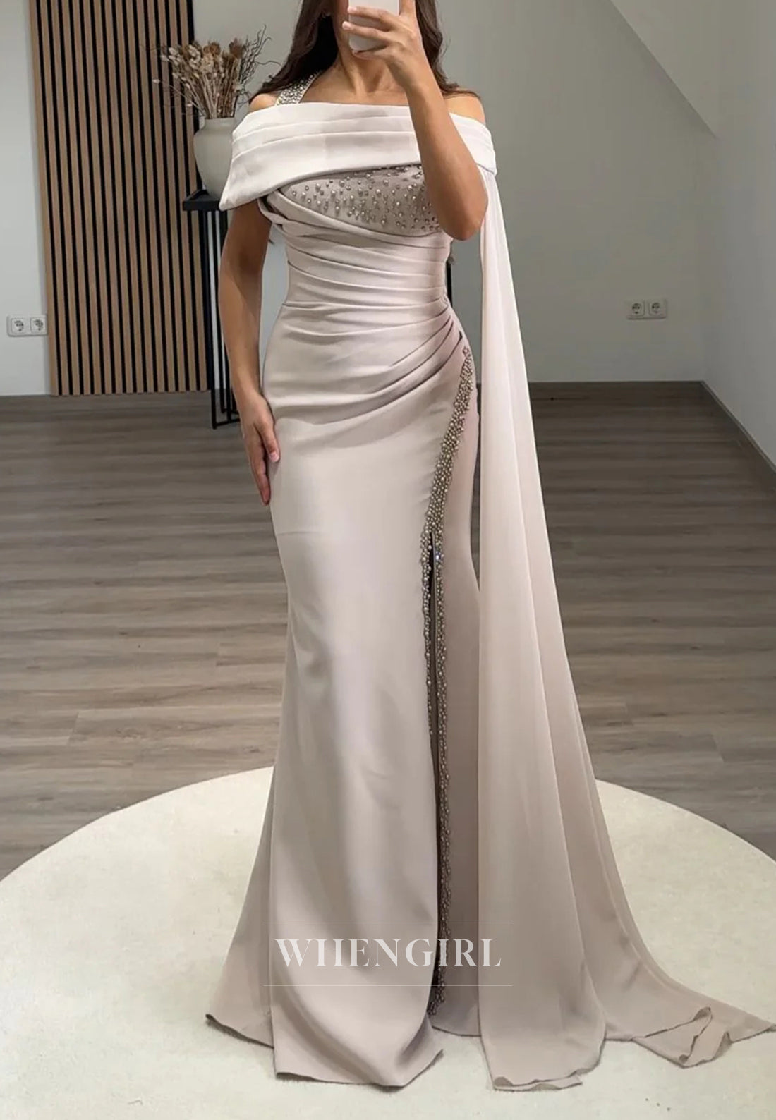 Halter Pleated Side Slit Sleeveless Beaded Back Zipper Evening Formal Dress