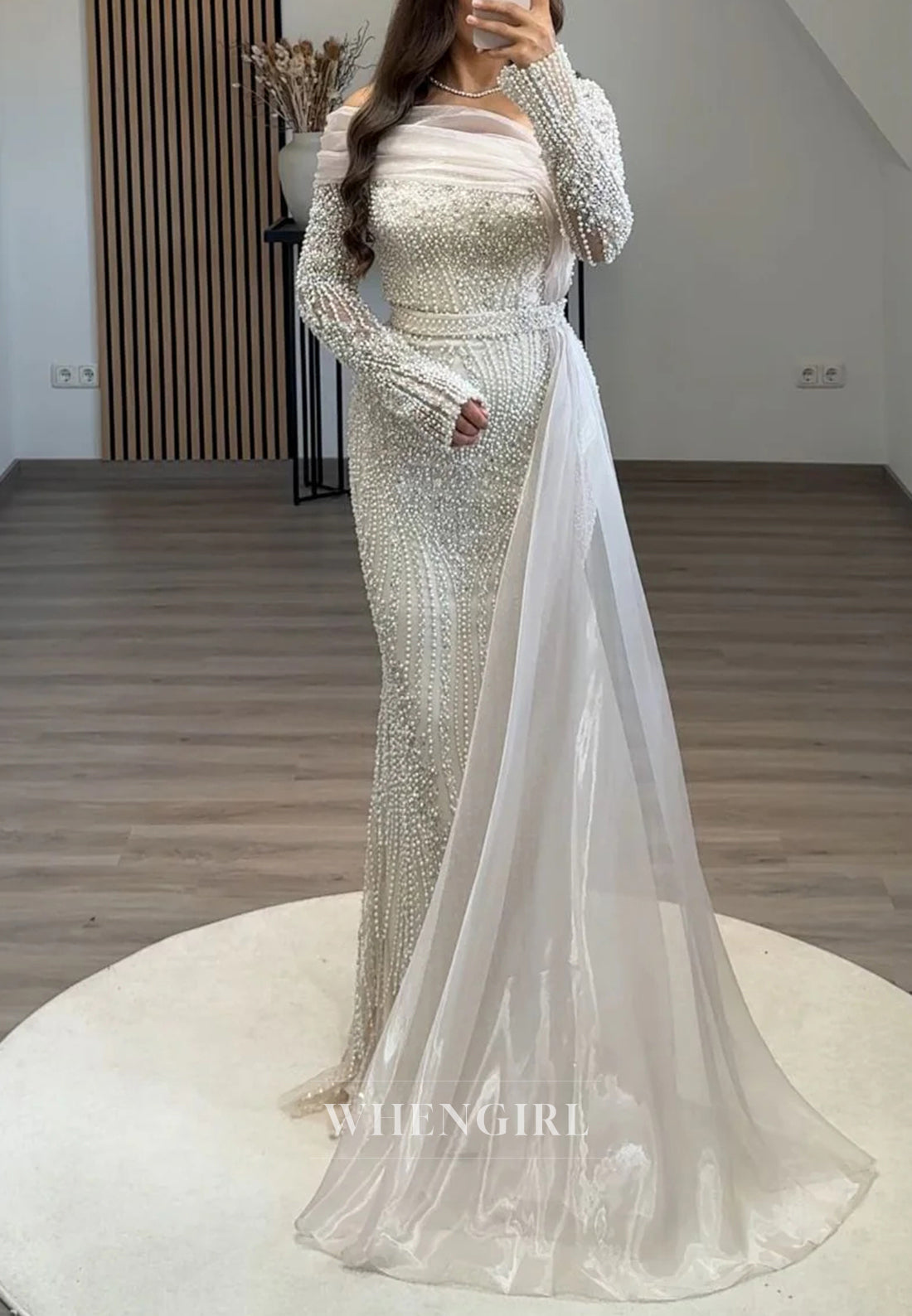 Sheath Asymmetrical Neck Long Sleeves Full Beaded Evening Formal Dress