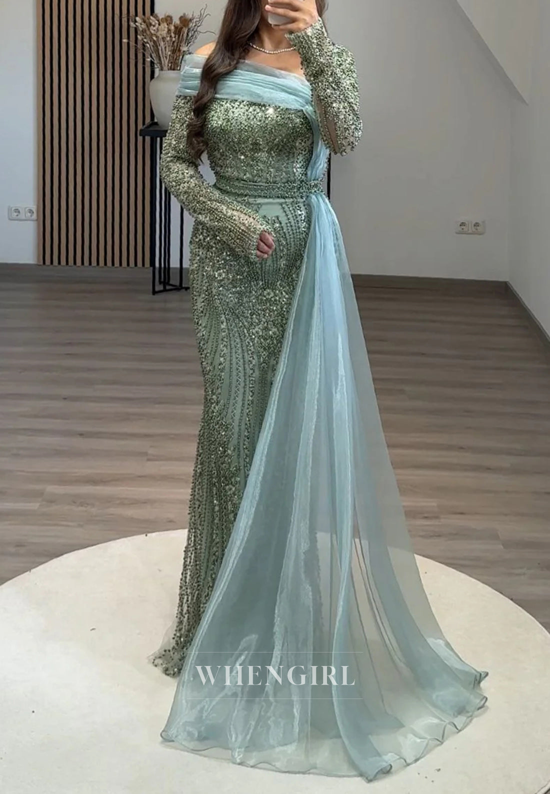 Sheath Asymmetrical Neck Long Sleeves Full Beaded Evening Formal Dress