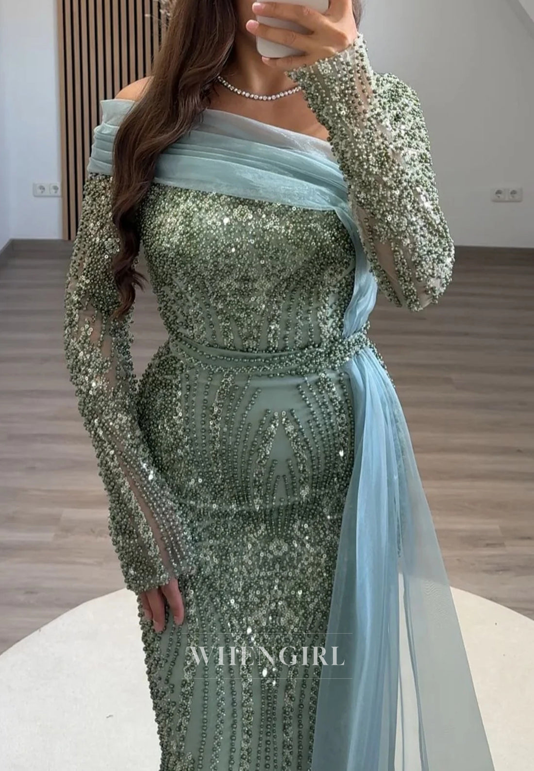 Sheath Asymmetrical Neck Long Sleeves Full Beaded Evening Formal Dress
