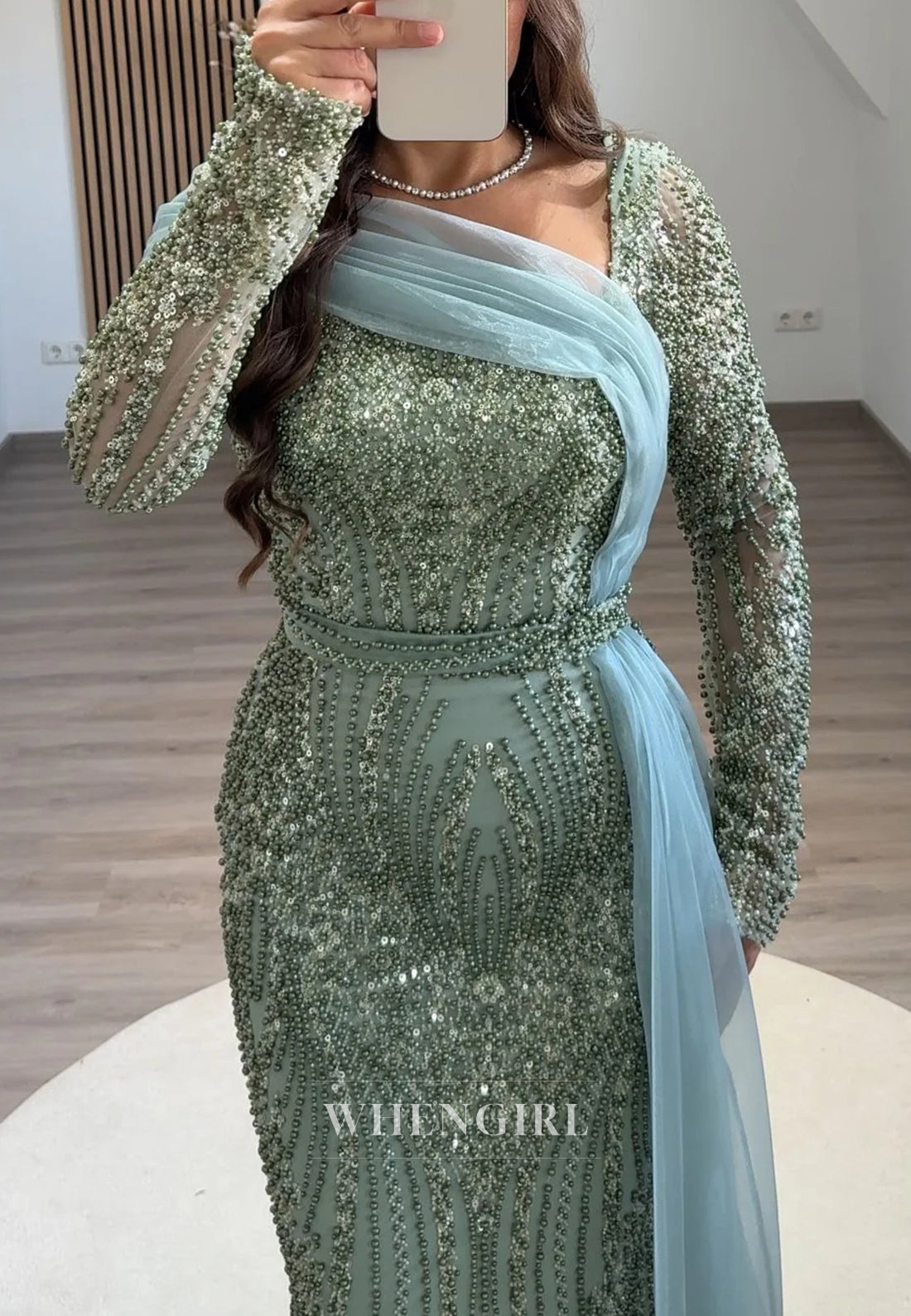 Sheath Asymmetrical Neck Long Sleeves Full Beaded Evening Formal Dress