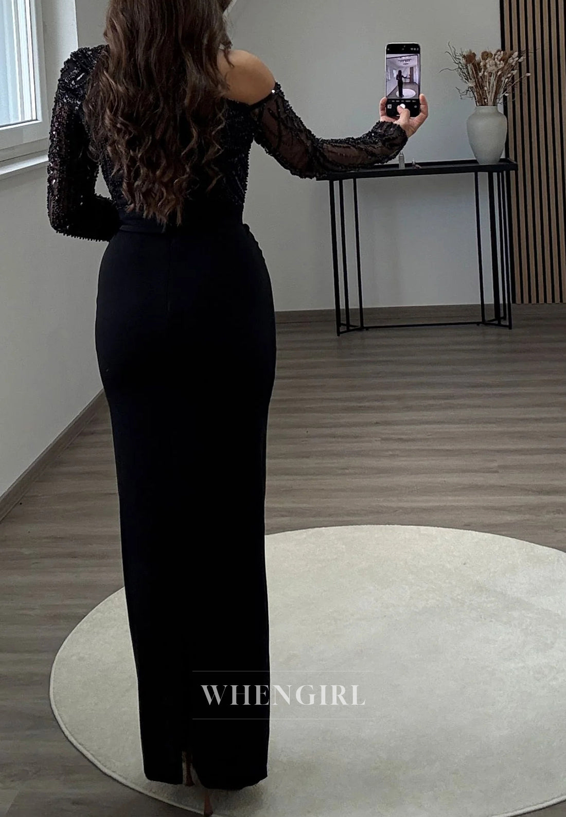 One Shoulder Beaded Long Sleeves Ankle Length Sheath Evening Formal Dress