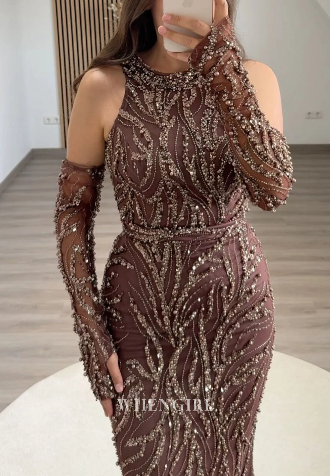 Mermaid Halter Beaded Back Zipper Sweep Train Formal Evening Dress with Gloves