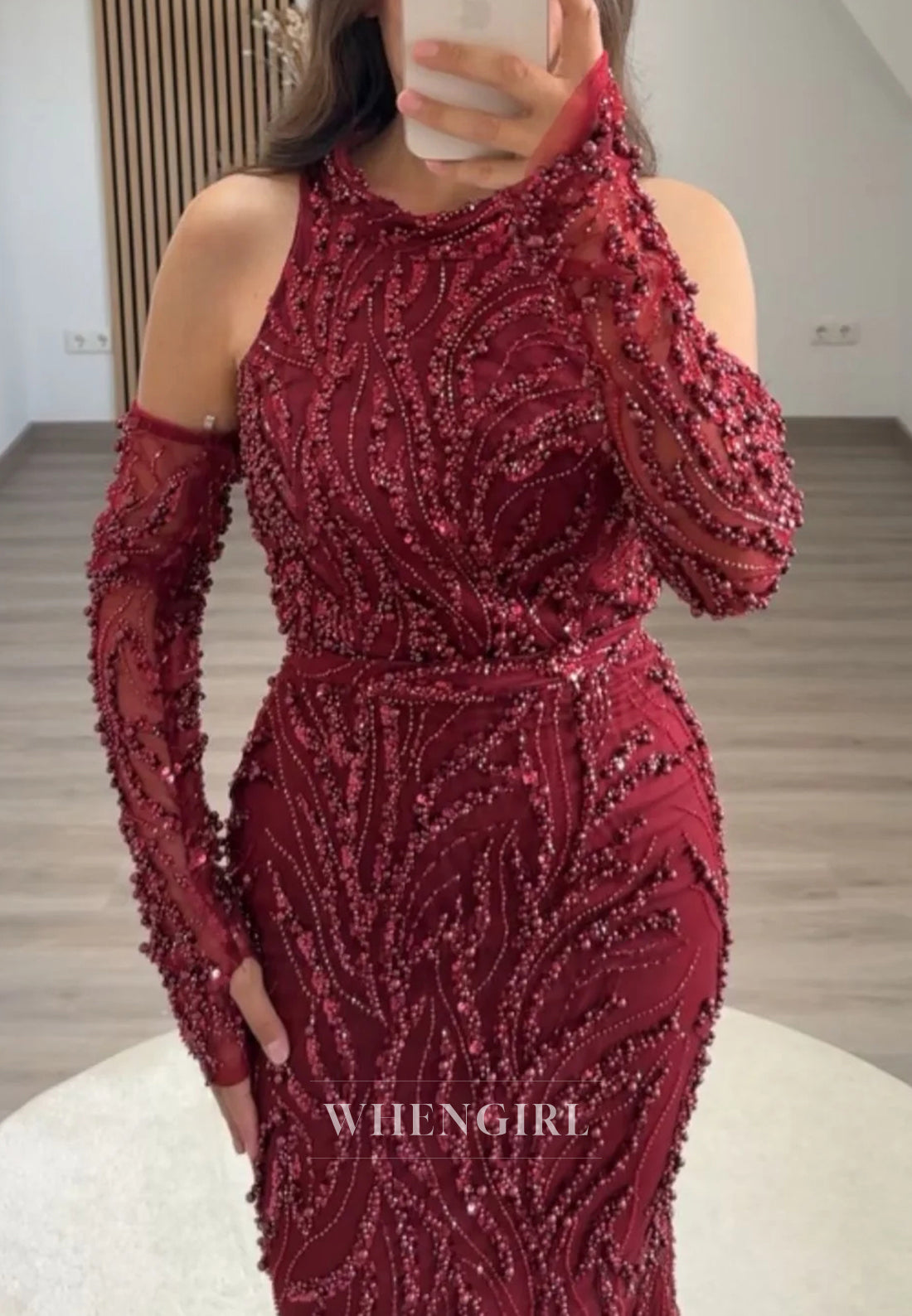 Mermaid Halter Beaded Back Zipper Sweep Train Formal Evening Dress with Gloves